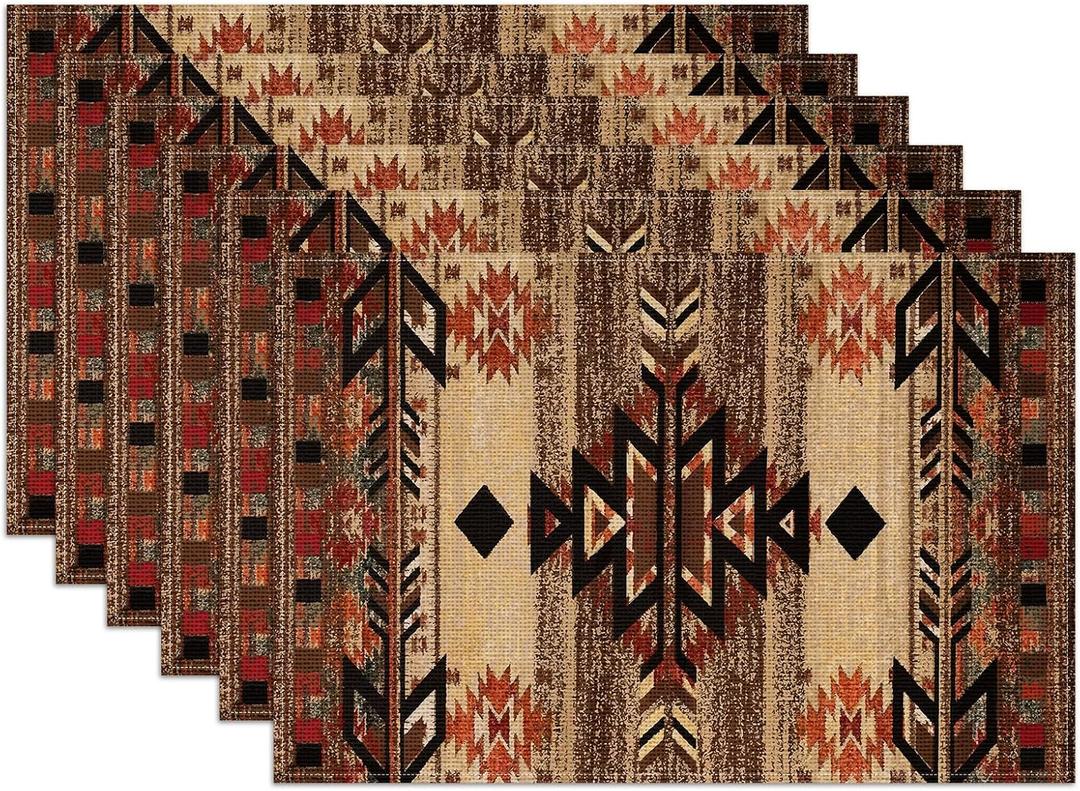 Southwestern Placemats Set of 6,12x18 Inch Rustic Tribal Geometric Linen Place Mat Washable Stain Resistant Table Mats for Vintage Native American Farmhouse Kitchen Party Home Decor