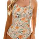 Modest One Piece Swimsuit Women Tummy Control 2026 Long Torso Slimming Bathing Suit Cute Floral Swim Suits (Beige, L)