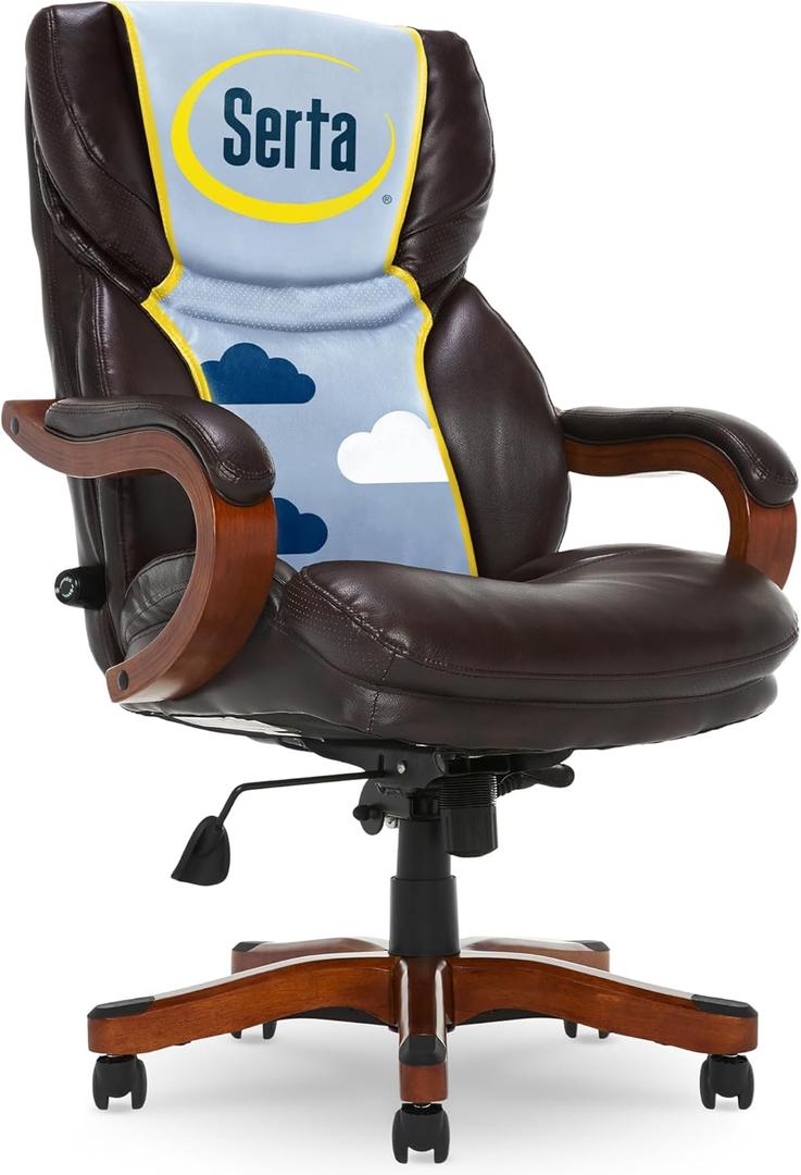 Serta Conway Big & Tall Executive Office Chair, Ergonomic High-Back with Adjustable Lumbar, Semi Plush Cushion and Body Pillows, Padded Armrests, Wooden Swivel Base, Bonded Leather, Brown