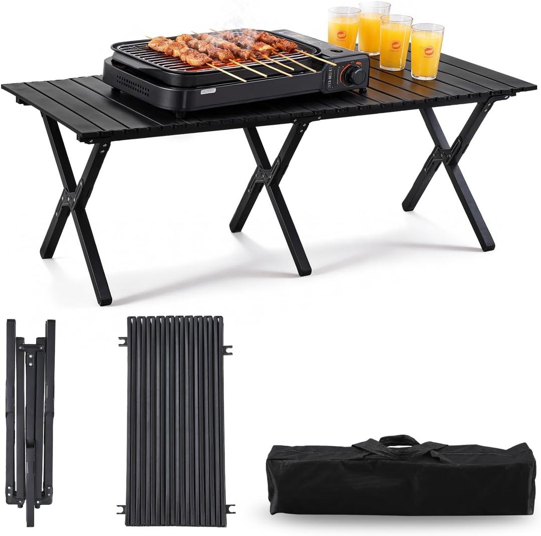 Roll-Up Camping Table - Aluminum Low Folding Tables for Outdoor Travel Grill - Portable Picnic Table Foldable for Sitting on The Floor Beach -Black