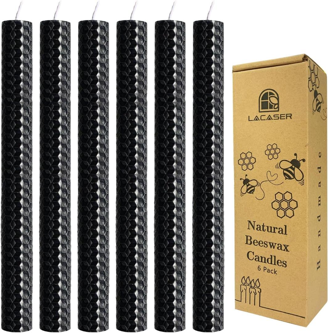 Lacaser Black Beeswax Taper Candles 6 Pcs, 9" Long Candles for Candlesticks,Unscented & Smokeless & Dripping Candle for Home Decor, Burning Time 4 Hours