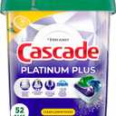 Cascade Platinum Plus Dishwasher Pods, Dish Detergent ActionPacs, Cleaning Supplies, Lemon, 52 Count