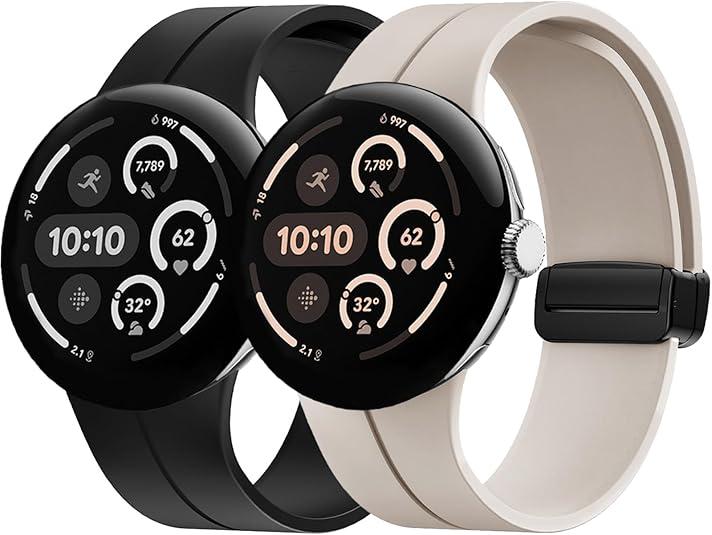 2 Pack Soft Silicone Magnetic Sport Band Compatible for Google Pixel Watch 3 (45mm), No Gap Waterproof Adjustable Strap with Magnetic Buckle for Men Women 