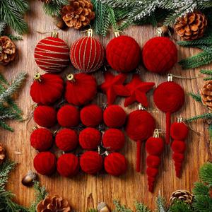 24 Pcs Small Burgundy Velvet Christmas Ornaments Ball Set Shatterproof Christmas Tree Decorations Assorted Flocked Xmas Baubles Decorations Xmas Holiday Party Wedding Decor