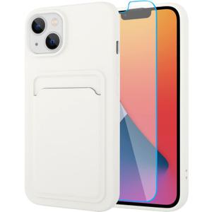 MZELQ Compatible with iPhone 14 Case TPU Card Holder Wallet Cover,Camera Protection + Screen Protector Soft Card Slot Phone Case -White
