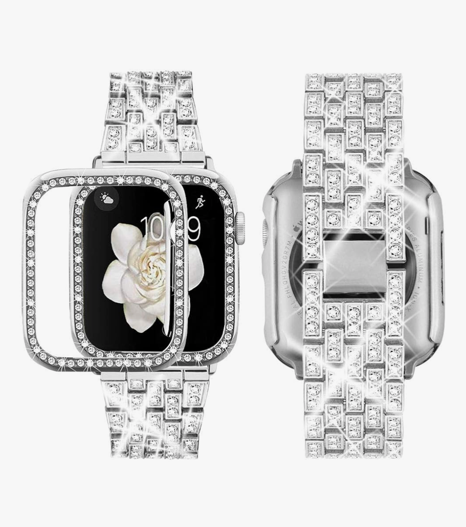 Supoix Compatible with Apple Watch Band 38mm 40mm 41mm 42mm 44mm 45mm 46mm 49mm+ Case, Women Jewelry Bling Diamond Rhinestone Replacement Metal Bands & 2 Pack PC Protector Case for iWatch Ultra 2/ Ultra Series 10/9/8/7/6/5/4/3/2/1/SE