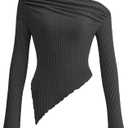 PRETTYGARDEN Women's Spring Long Sleeve Y2K Crop Top Trendy Off Shoulder Asymmetrical Fitted Knit Tee Shirts Going Out Tops (Black, Large)