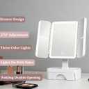 Tri Fold Lighted Makeup Mirror with Storage & 3X Magnification, Small Vanity Mirror, 3-Color Dimmable LED Vanity Mirror, Touch Control Vanity Mirrors, Travel Makeup Mirror for Women (White)
