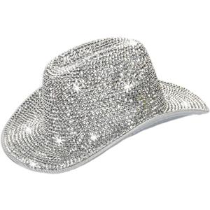 Silver Rhinestone Western Cowboy Hat for Womens - Glitter Cowgirl Hat for Disco Parties and Costumes