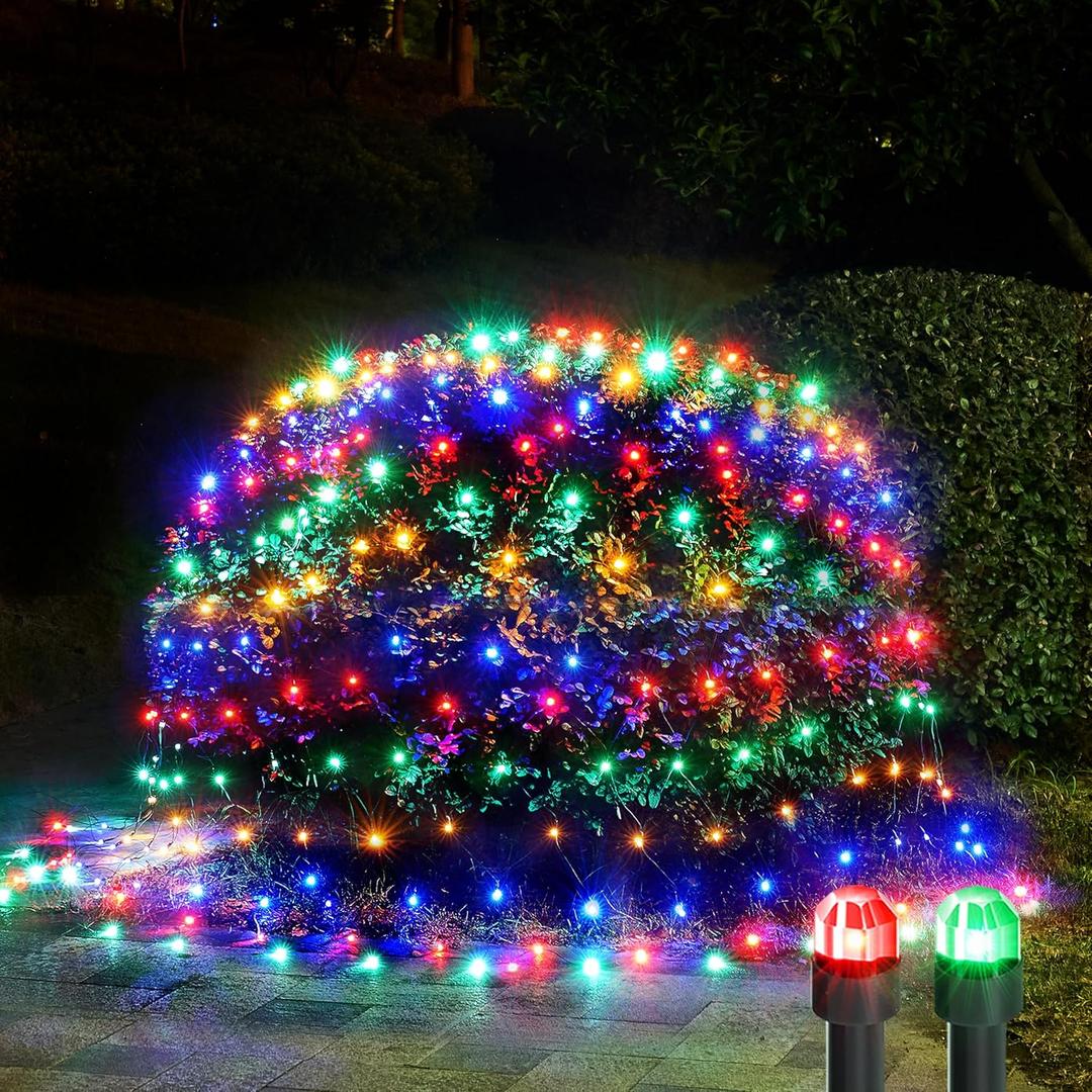 WBao Christmas Lights Outdoor 200LED F8 Big Bulbs, 8.4ft x 5.2ft Christmas Bushes Lights with 8 Modes, Timer, End to End Connectable, Waterproof for Lawn, Bushes Outdoor Xmas Decorations, Multicolor (Plug in)