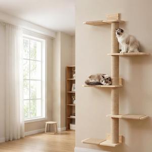 Tall Cat Tree 50inch, 4 Tier Wood Cat Tree Tower with Natural Jute Rope, Cat Wall Shelves Wall-Mounted Scratching Post Adjustable Cat Tower for Indoor Cats (4-Tier Cat Tree, Natural Jute Color)