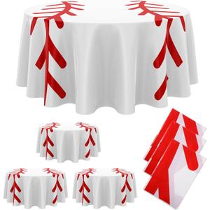 Oudain 6 Pcs Round Baseball Tablecloth 84" Plastic Red White Baseball Tablecloth Disposable Circle Softball Sports Table Cloth Art Design Thread Decoration for Dining Wedding Birthday Party