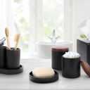 9-Piece Bathroom Accessories Set with Elegant Wood Lids Bathroom Soap Dispenser Tumbler Toothbrush Holder 2 Storage Jars Tumbler Tissue Box Cover Tray Soap Dish (Black)