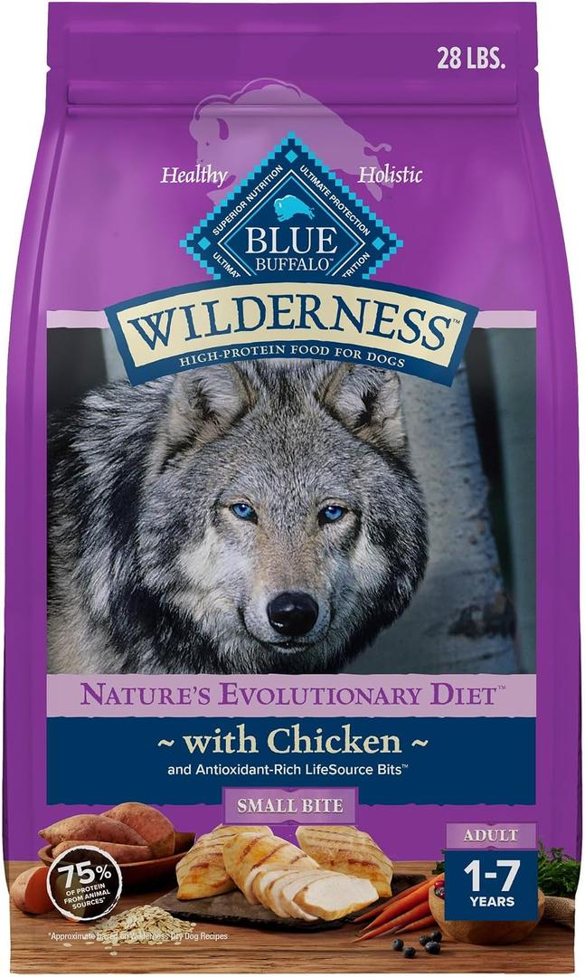 Blue Buffalo Wilderness Natural High-Protein, Small-Bite Dry Food for Adult Dogs, with Wholesome Grains, Chicken, 28-lb Bag (EXP 05/23/30)