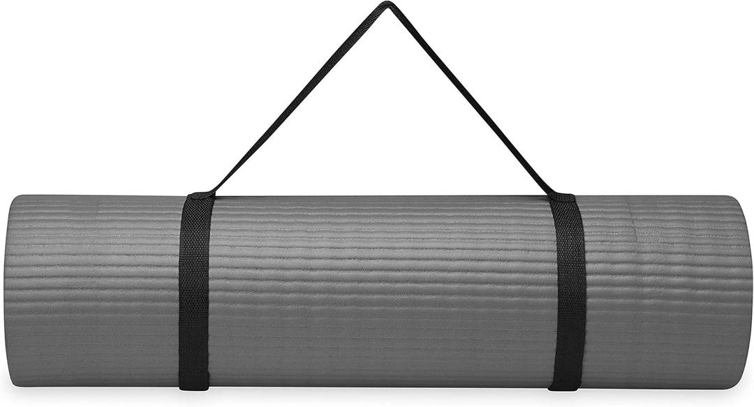 Gaiam Essentials Yoga Mat, Pilates & Exercise Mat, Thick 2/5" (10mm) Workout Mat with Easy-Cinch Carrying Strap for Home & Gym Workouts (Grey)