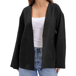 Amazhiyu Women's 100% Linen Lightweight Long Sleeve Open-Front Cardigan Pockets L