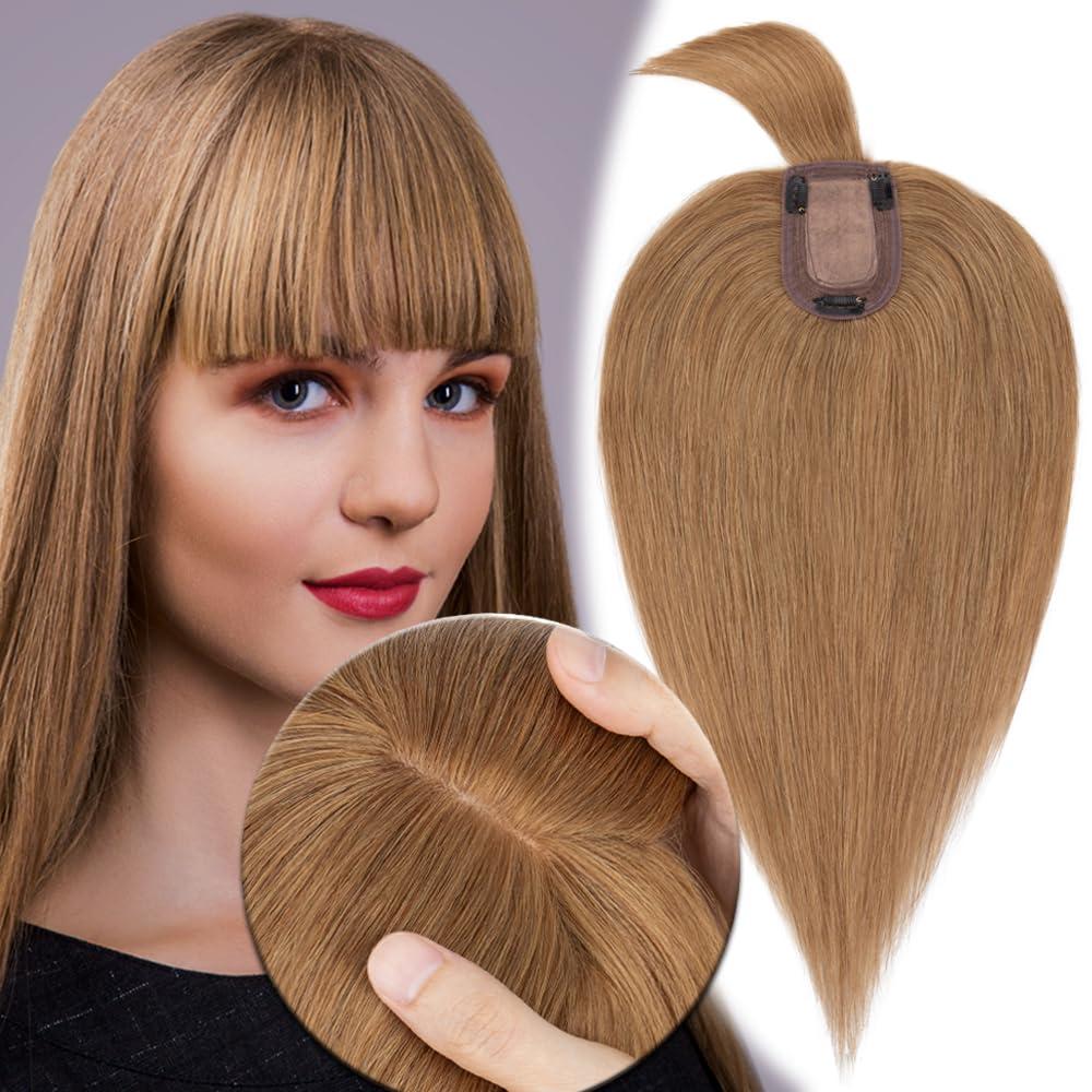 MY-LADY Human Hair Toppers for Women Real Remy Hair 150% Density 7 * 13CM Silk Base with Bangs Clip in Hair Pieces Straight Hairpiece for Thinning Hair 18 Inch #06 Light Brown