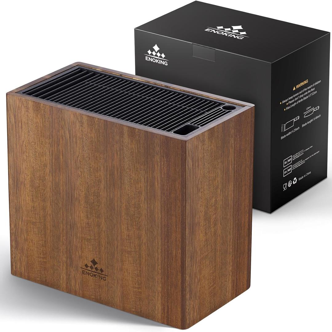 ENOKING XXL Acacia Wood Knife Holder  Large Universal Knife Block with Blade-Protecting Slots, Holds 26+ Knives, Scissors, and Sharpening Rods, Space-Saving Kitchen Storage Organizer