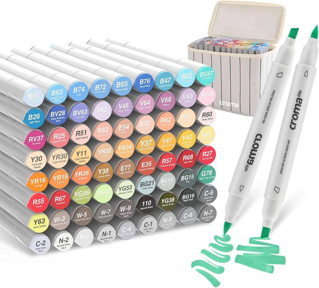 Croma Alcohol Markers - 72 Color Double Tip Art Markers Set Permanent Brush Tip Drawing Pens for Kids, Adults and Artists Ideal Gift for Drawing, Sketching, Coloring, Illustration