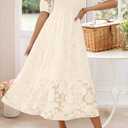 ZESICA Women's 2026 Summer Short Puff Sleeve Crewneck Smocked Floral Lace Flowy A Line Tiered Maxi Dresses (Beige, L)