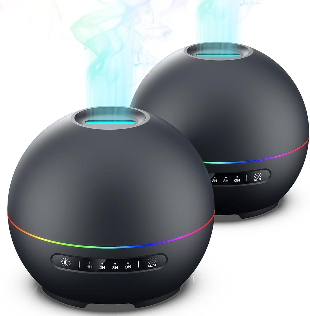 2 Pack Essential Oil Diffusers for Home - 200ml Aromatherapy Diffuser Humidifier with 4 Timers & 7 Colors Night Lights, 20dB Quiet Working for 10 Hours