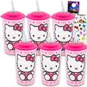 Hello Kitty Kids 16 Oz Reusable Cups - Sanrio Party Favor 6 Piece Bundle with 16 Oz Cup with Lid and Straw Plus Stickers for Boys, Girls | Hello Kitty Tumbler with Straw