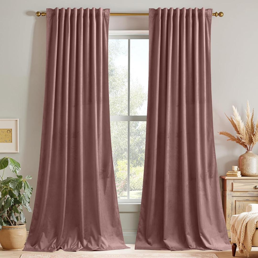 StangH Mauve Velvet Curtains 96 inches Long - Wild Rose Pink Room Darkening Bedroom Curtains for Nursery Kids, Elegant Thermal Insulated Drapes for Sliding Door Office, W52" x L96", 2 Panels