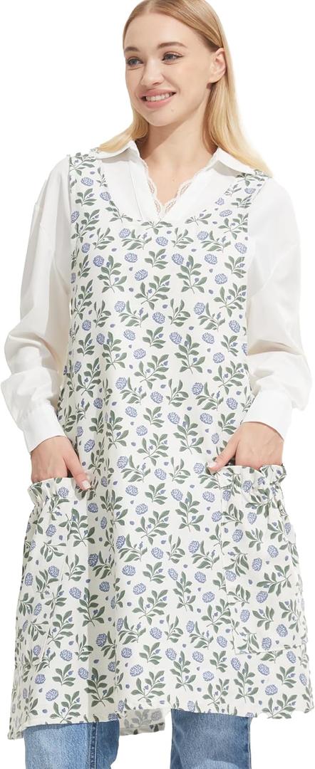 Cozy Adjustable Cross Back Aprons for Women with Pockets Cotton Linen Cooking Kitchen Baking ( No Size )