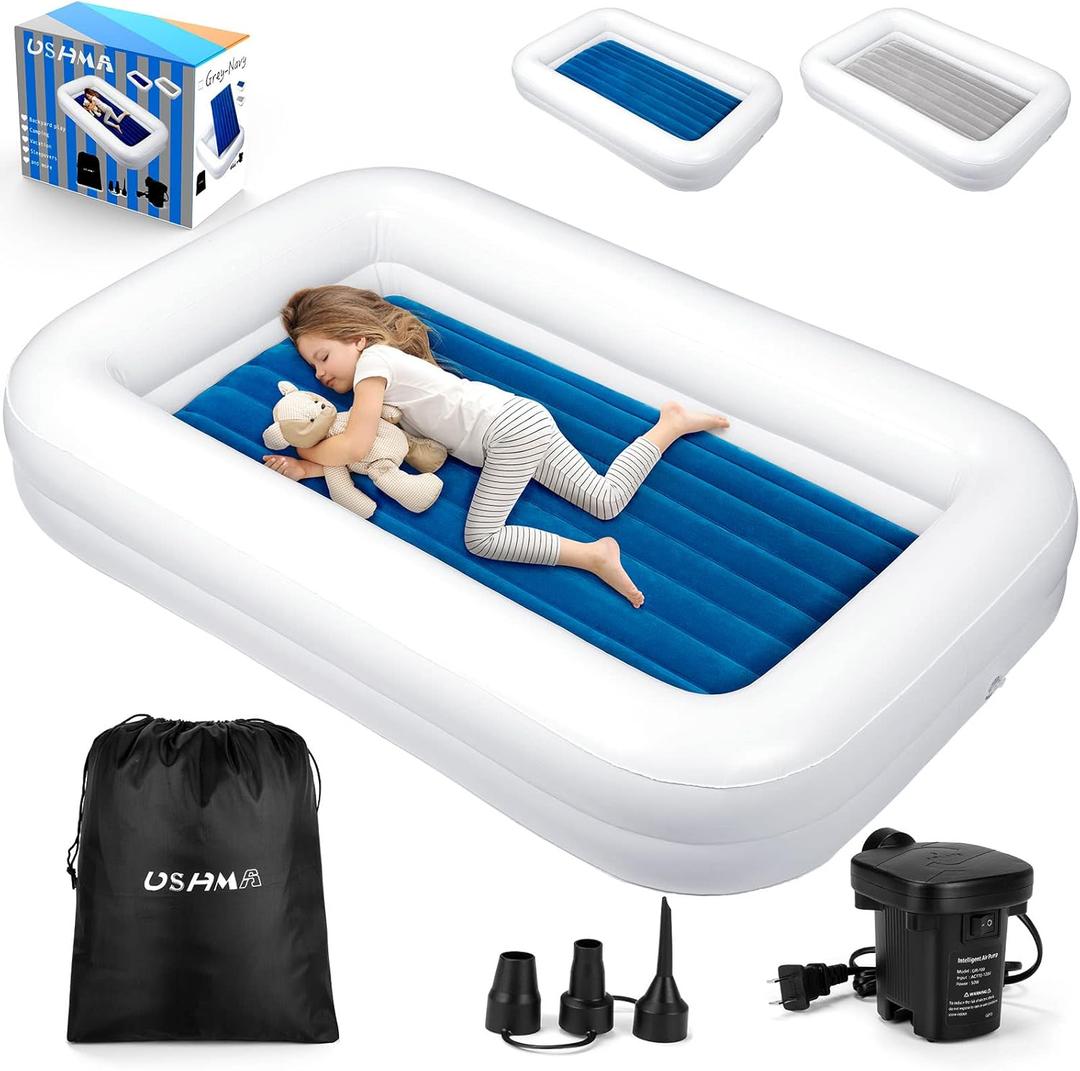 USHMA Toddler Travel Bed [4-Side] | Reversible 2 Colors Kids Air Mattress | Inflatable Toddler Bed | Portable Kids Blow Up Travel Bed with Sides, Navy Blue & Grey