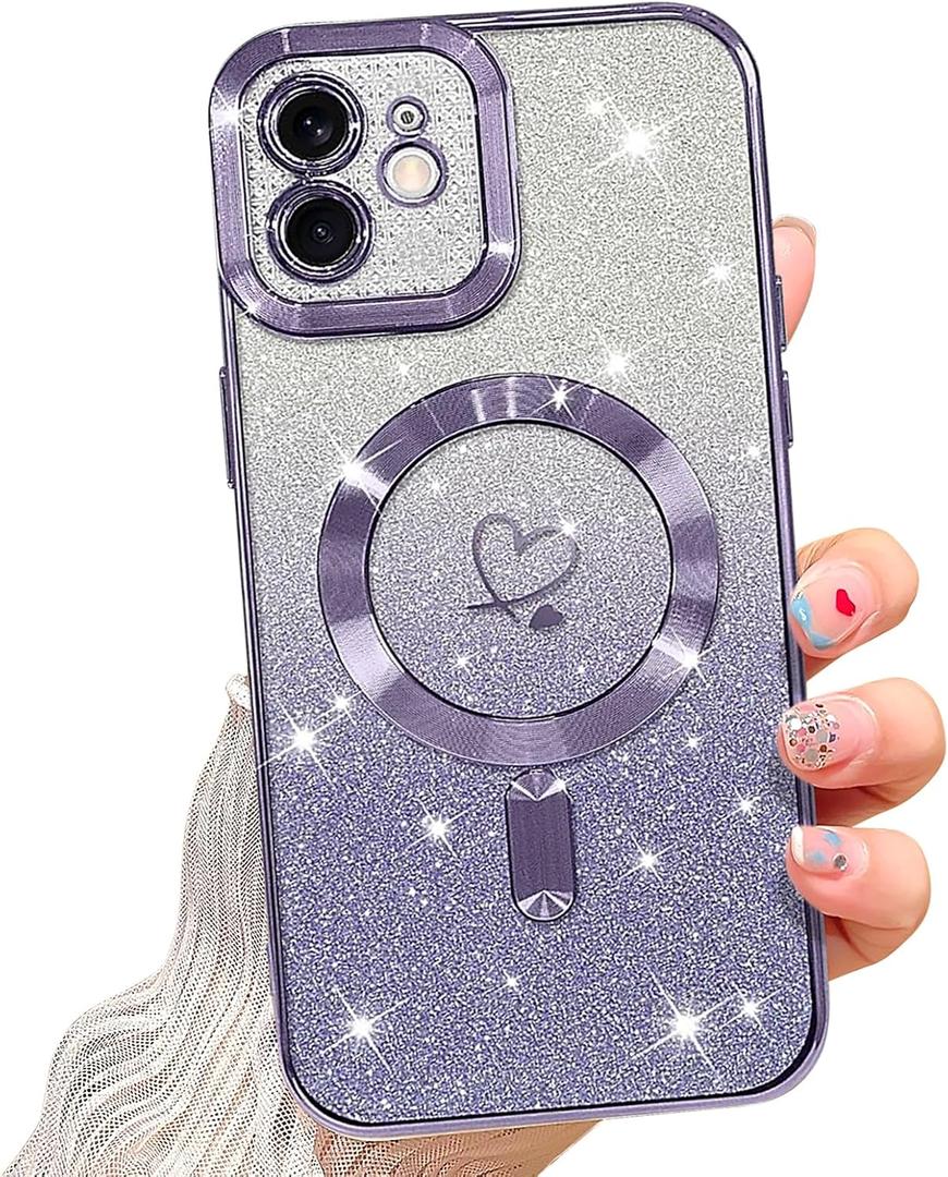 NITITOP Compatible with iPhone 11 Case Cute Clear Glitter [Compatible for MagSafe] Plating Heart Sparkle Bling Magnetic Girl Women Electroplated Frame Camera Protection Back Cover - Purple