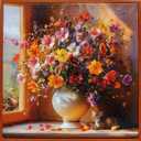3D Textured Floral Canvas Wall Art  Nature Poster and Print, Vibrant Flowers & Cat Design, Waterproof & Framed Home Decor for Living Room, Bedroom, Office or Gift. (Flowers and a fluffy kitten)