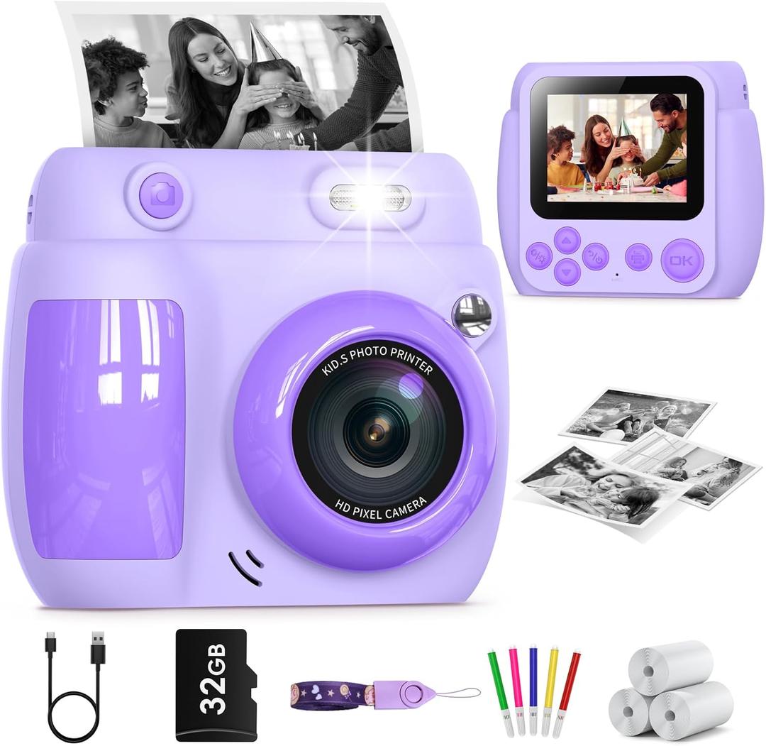 Kids Camera Instant Print, Birthday Gifts for Girls Boys with 3 Rolls Print Paper & 32GB Card, 48MP Toddler Digital Camera 1080P HD Video Toys Cameras for Kids 3-12, Purple