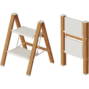 2 Step Lightweight Aluminum Folding Ladder, Portable Step Stool with Anti-Slip Pedals, 330 lbs Capacity for Home, Office, KitchenWhite&Woodgrain