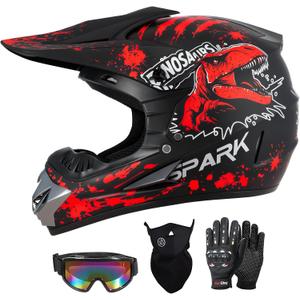 SPARK Youth Kids Dirt Bike Helmets - Lightweight & Vented, Full Face, 4Pcs Set with Gloves, Goggles & Mask for Ages 5-14 (Motocross ATV Off-Road) DOT Approved 
 (Dino Red, Medium)