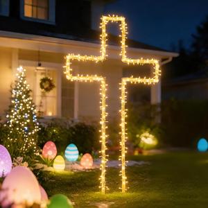 6FT Metal Easter Cross Decor, DIY White Large Standing Cross Light Up Outdoor Easter Decorations w/Ground Stake, Holy Jesus Christ Christian Crosses Religious Yard Decor (W/O Lights)