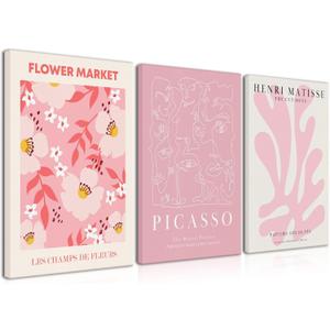 Djmwtb Matisse Picasso Abstract Canvas Wall Art Framed Set of 3 Pink Flower Market Poster Prints Aesthetic Pictures Modern Minimalist Wall Decor Painting for Living Room Bedroom Bathroom 16"x24"x3