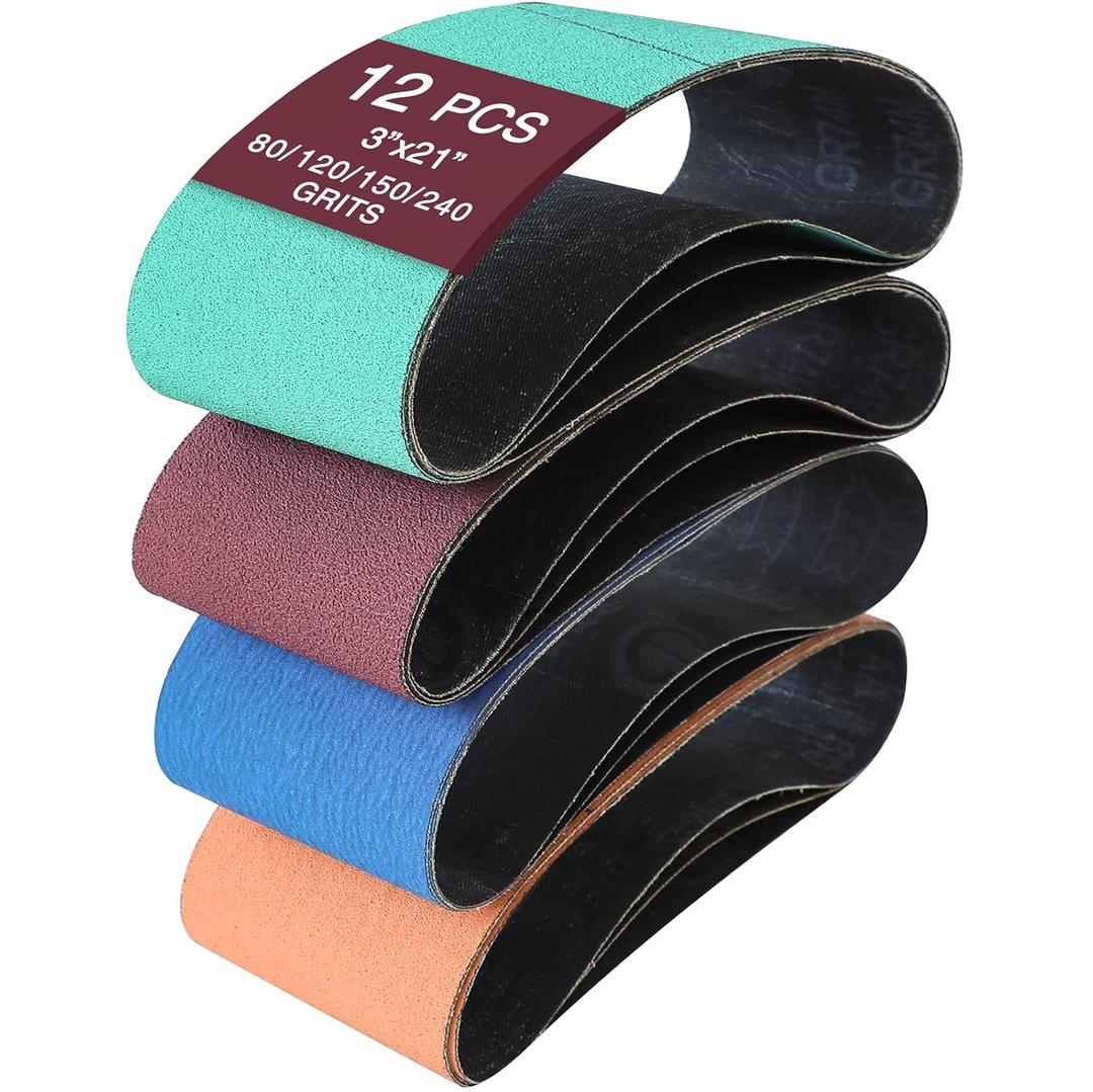 3" x 21" Sanding Belts for Belt Sander, Assorted Grits 12 Pcs (3 Each of 80 120 150 240), Aluminum Oxide Sanding Belts for Woodworking Metal Polishing Knife Sharpening