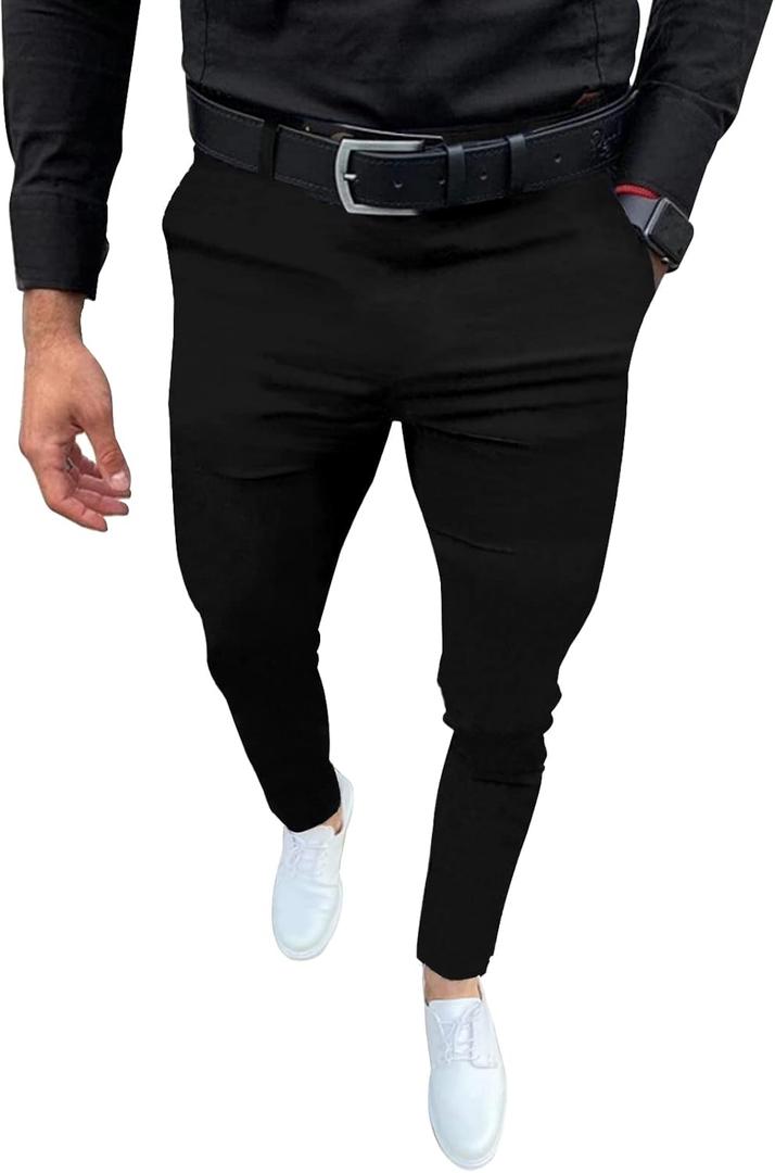 Mens Fashion Slim Fit Dress Pants Casual Business Skinny Stretch Pants Golf Pants (Small, Black)