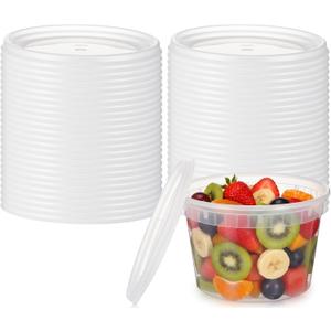 50 Pack Clear Deli Container Lids Plastic Reusable Lids for 8, 16, 32oz Deli Container Soup, Freezer, Microwave, Dishwasher Safe, Not Include Cups