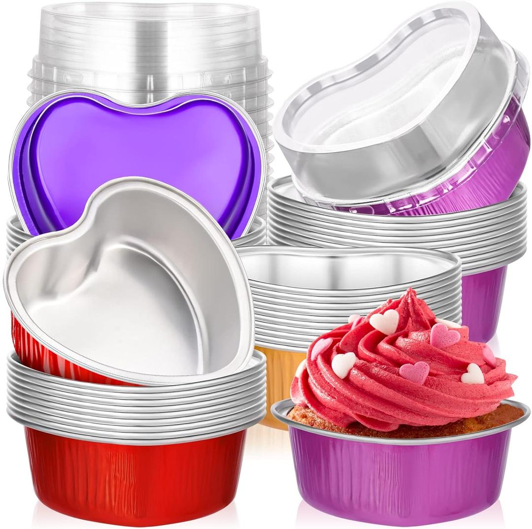 Heart Shaped Aluminum Pans, 40 Packs Aluminum Heart Cake Pans with Lids for Baking, 3.4 Ounces/ 100 ML Cupcake Cup Pan Baking for Valentine's Day Wedding Parties