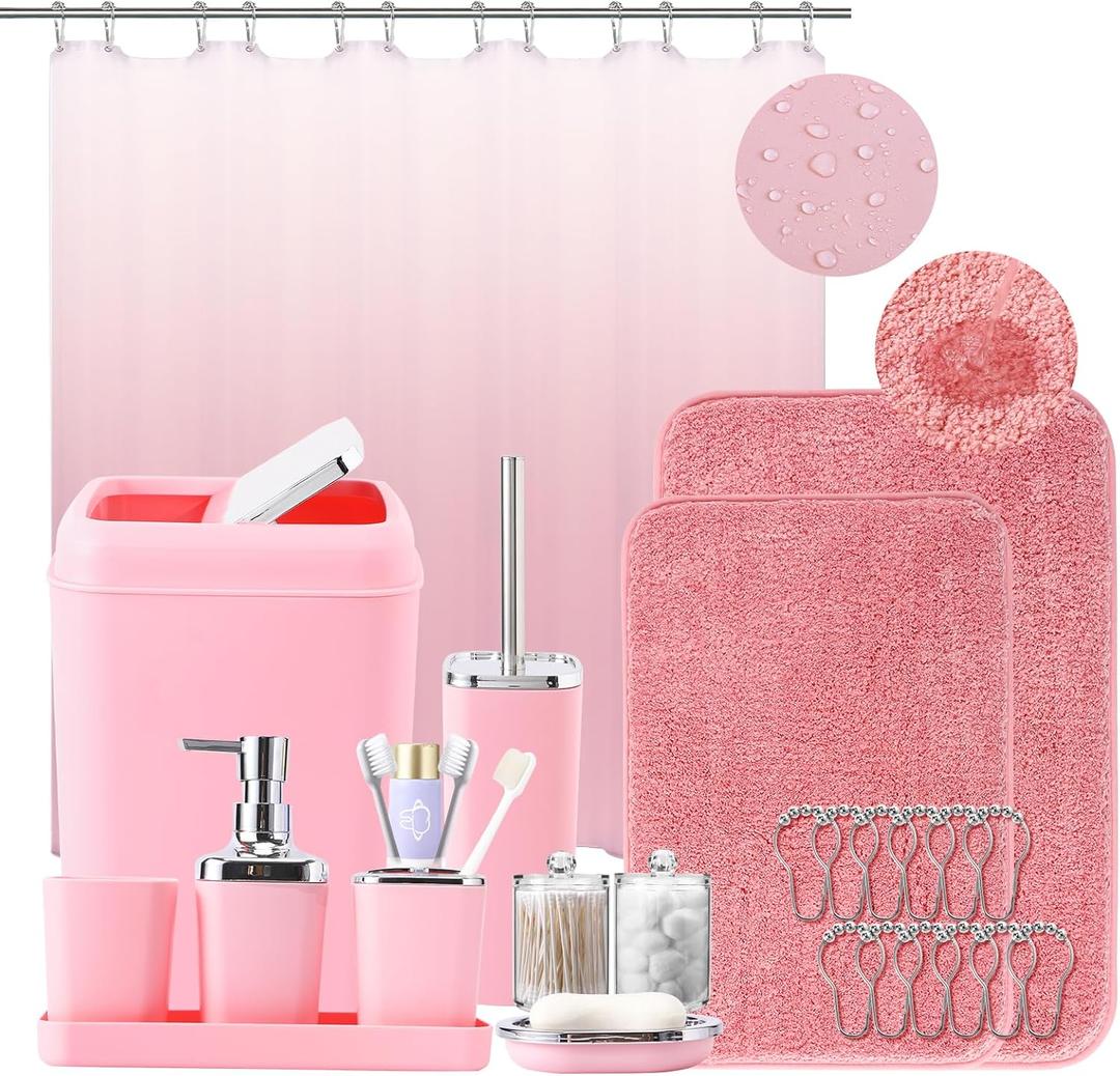 Bathroom Accessory SetBathroom Sets with Shower Curtain and Rugs, Non Slip Bathroom Rugs Super Absorbent, Pink Ombre Waterproof Shower Curtain with Hooks, Pink Bathroom Sets Complete for Home