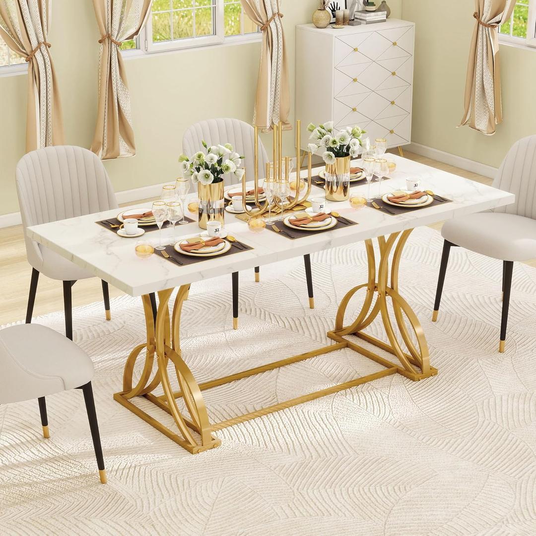 DWVO 70.3" Large Modern Dining Table for 6-8 People Rectangular White Kitchen Dining Room Table with Faux Marble Tabletop and Gold Geometric Metal Legs Farmhouse Wood Dinner Tables, White and Gold