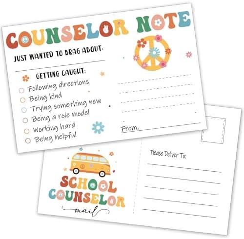 50Pcs Groovy School Counselor Postcards Retro Boho Counselor Note Brag Card Hippie Daisy Positive Behavior Management Incentives Social Worker Communication Cards Back to School Teacher Must Haves And Notebook
