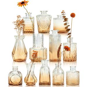 Der Rose Amber Bud Vases in Bulk Glass Vase for Centerpieces Set of 12 Small Flower Vases Mini Vintage Vases for Rustic Wedding, Home Table Decorations
