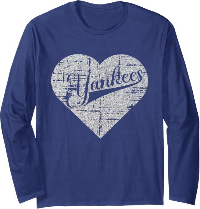 Vintage Heart Yankees I Love Yankees First Name Personalized Long Sleeve T-Shirt (Blue, S)