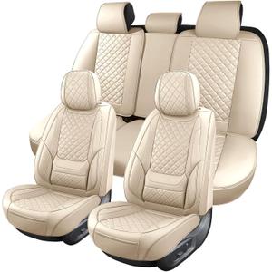 Leather Car Seat Covers Full Set Breathable Automotive Seat Covers Waterproof Seat Protectors Universal Fit for Most Automotive Cars SUV Trucks Van (Beige, Full Set)