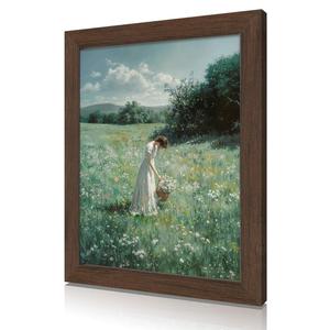 Framed Canvas Wall Art of Girl Picking Flowers in Meadow – Cottagecore Vintage-Style Landscape with Oil Painting Texture – Rustic Farmhouse Décor for Living Room or Bedroom – 16x24 inch