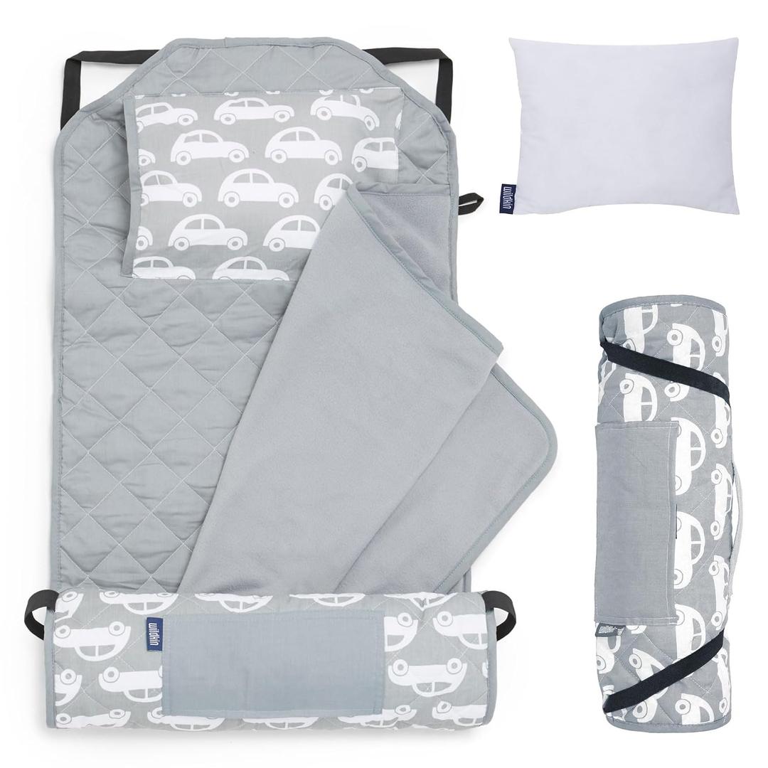 Wildkin Modern Kids Nap Mat – Soft Cotton Blend with Pillow & Elastic Straps for School & Travel - Cars