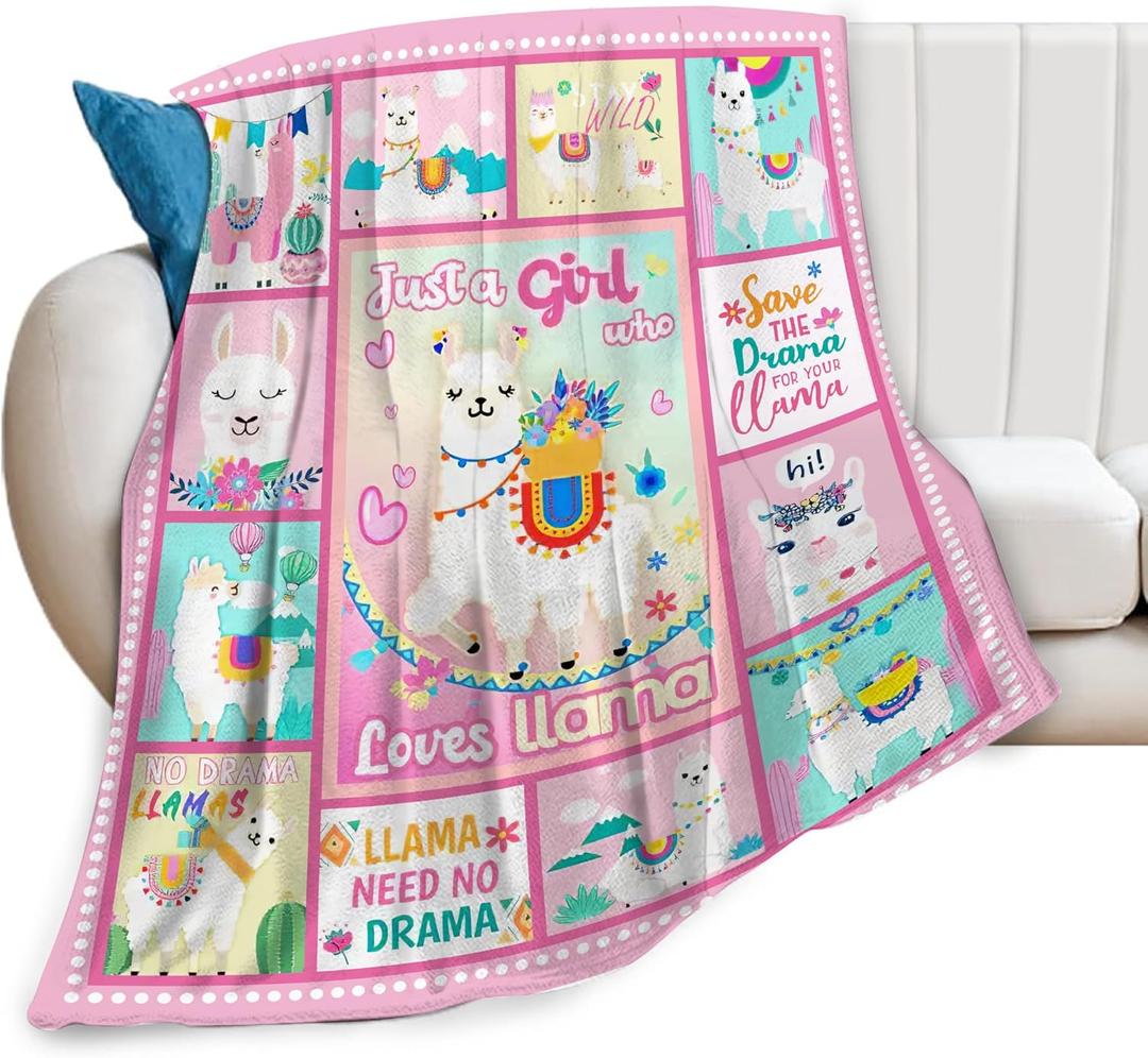 SweetFox Just A Girl Who Loves Llama Blanket, Alpaca Decor Throw Blanket Gifts for Girls Boys Lovers Super Warm Soft Plush Fleece Flannel Winter Bedding Blankets for Kids Adults Men Women 50"X40"