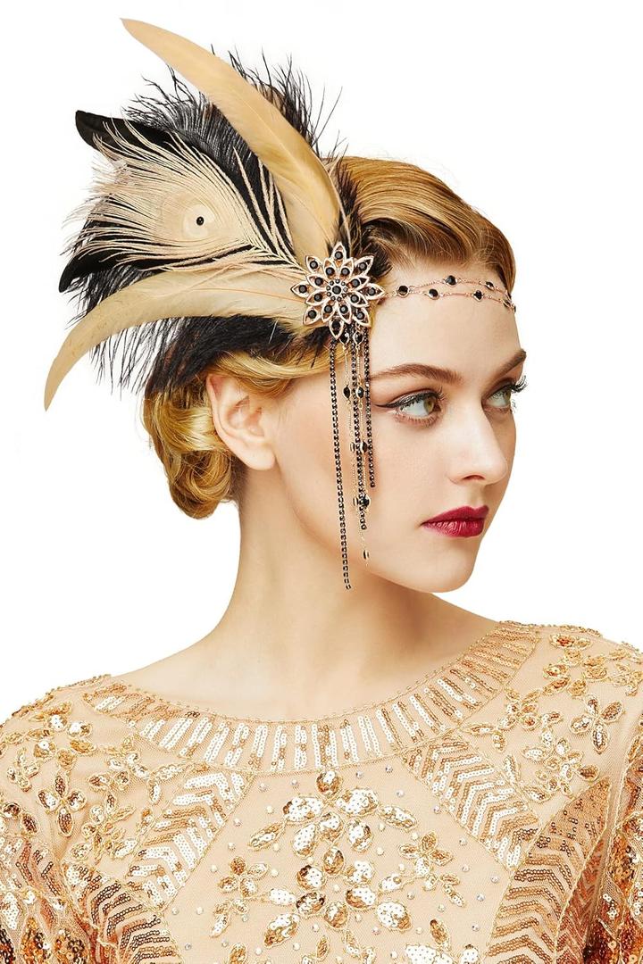 BABEYOND 1920s Women Feather Crystal Headband 20s Flapper Gatsby Headpiece (Black Gold)